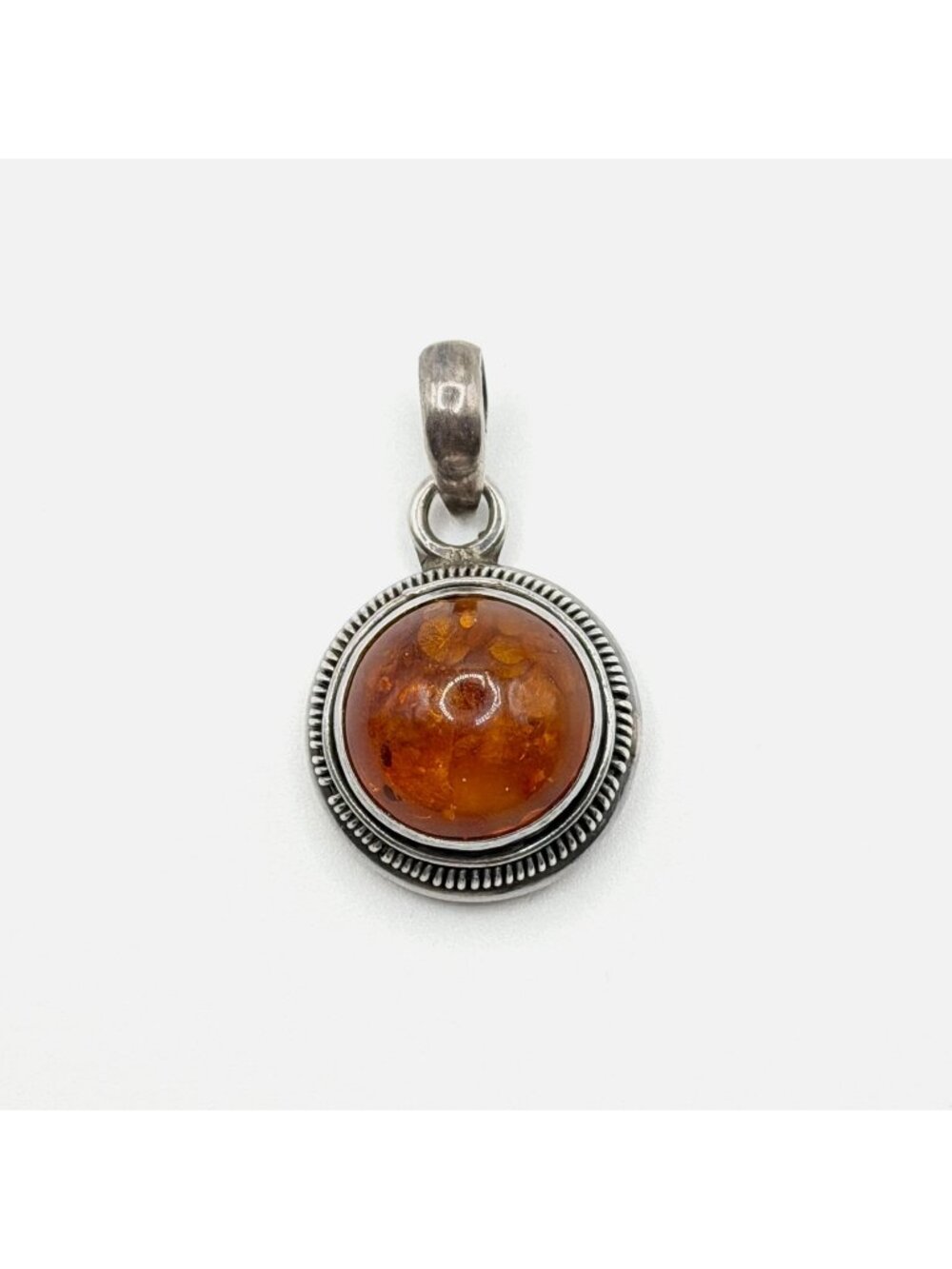 925 Sterling Silver Amber Pendant With Round Cabochon Gemstone